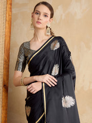 Women's Satin Silk Black Woven Design Designer Saree With Blouse Piece