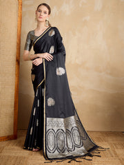 Women's Satin Silk Black Woven Design Designer Saree With Blouse Piece