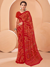 ساري نسائي أحمر مطبوع من الشيفون بتصميم أنيق مع قطعة بلوزة