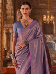 ساري نسائي من مزيج الحرير بلون الخزامى، بتصميم منسوج، مع قطعة بلوزة