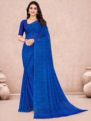 Women's Chiffon Blue Printed Designer Saree With Blouse Piece