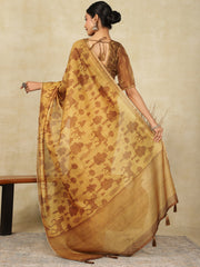 Women's Cotton Linen Camel Brown Printed Designer Saree With Blouse Piece