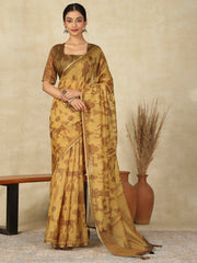 Women's Cotton Linen Camel Brown Printed Designer Saree With Blouse Piece