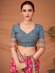 ساري نسائي وردي مطبوع من حرير الفسكوز مع قطعة بلوزة