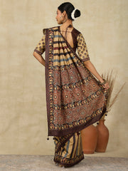 Women's Silk Blend Beige Printed Designer Saree With Blouse Piece