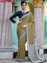Women's Bhagalpuri Silk Olive Printed Designer Saree With Blouse Piece