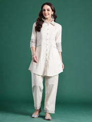 Off White Embroidered A-Line Kurta Trousers Set