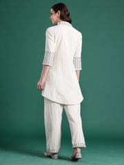 Off White Embroidered A-Line Kurta Trousers Set