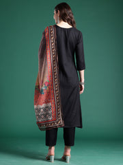 Black Solid A-Line Kurta Trousers With Dupatta Set