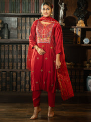 Red Embroidered Straight Kurta Trousers With Dupatta Set