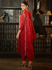 Red Embroidered Straight Kurta Trousers With Dupatta Set