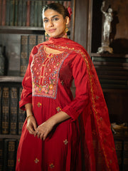 Red Embroidered Straight Kurta Trousers With Dupatta Set