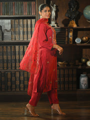 Red Embroidered Straight Kurta Trousers With Dupatta Set