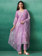 Lavender Embroidered Straight Kurta Trousers With Dupatta set