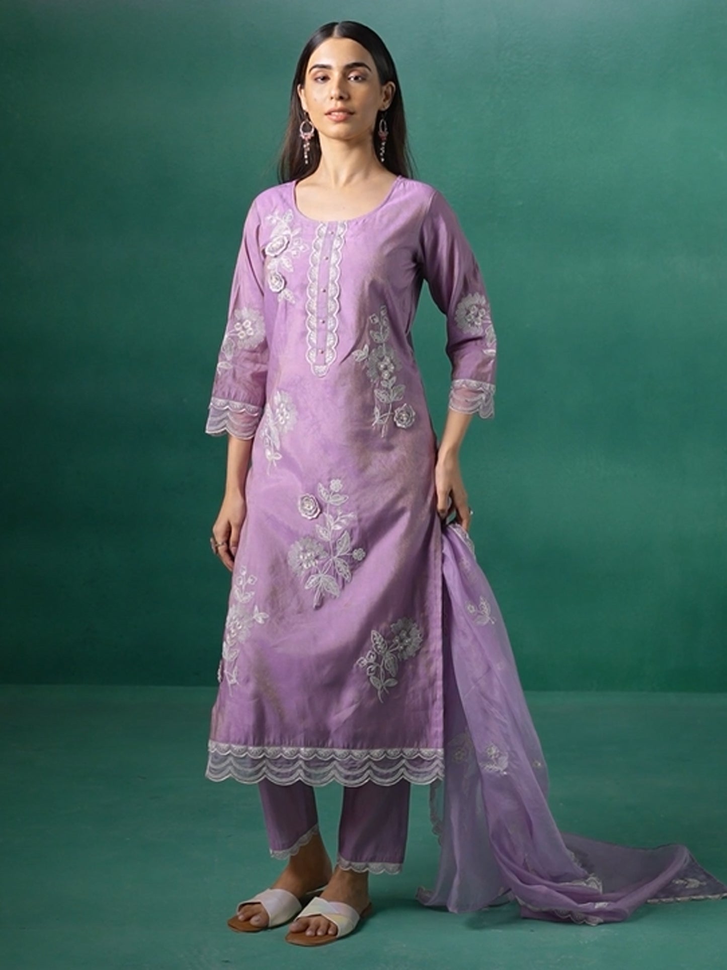 Lavender Embroidered Straight Kurta Trousers With Dupatta set