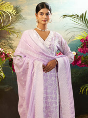Purple Embroidered Straight Kurta Trousers With Dupatta Set