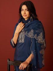 Navy Blue Embroidered Straight Kurta Trousers With Dupatta set