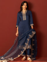 Navy Blue Embroidered Straight Kurta Trousers With Dupatta set