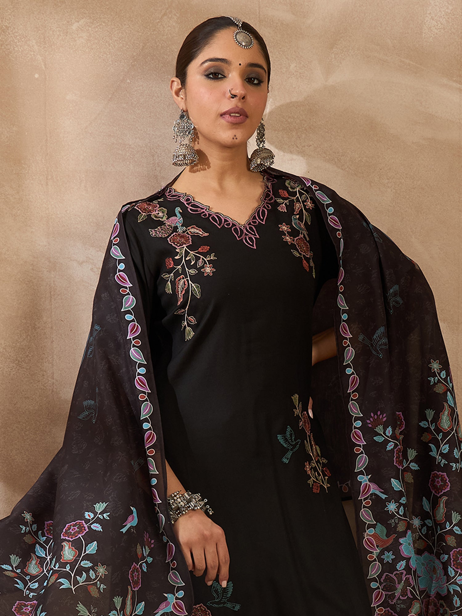 Black Solid Straight Kurta Trousers With Dupatta set