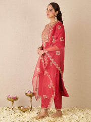 Red Embroidered Straight Kurta Trousers With Dupatta set