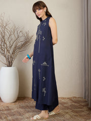 Blue Embroidered A-Line Kurta Palazzos Set