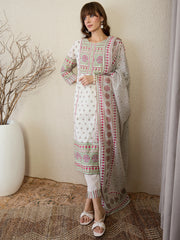 White Printed Straight Kurta Trousers With Dupatta Set