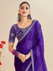 Women's Georgette Lavendar Embroidered Designer Saree With Blouse Piece