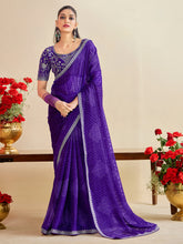 Women's Georgette Lavendar Embroidered Designer Saree With Blouse Piece