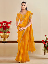 Women's Georgette Yellow Embroidered Designer Saree With Blouse Piece
