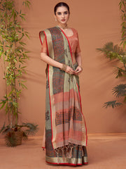 ساري نسائي رمادي مطبوع من مزيج الكتان مع قطعة بلوزة