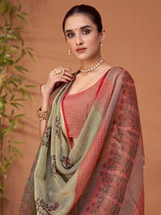 ساري نسائي رمادي مطبوع من مزيج الكتان مع قطعة بلوزة