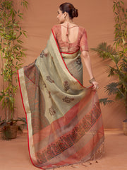 ساري نسائي رمادي مطبوع من مزيج الكتان مع قطعة بلوزة