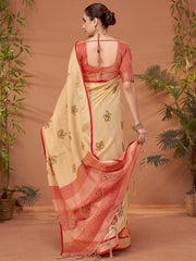 ساري نسائي مطبوع باللون الكريمي مصنوع من مزيج الكتان مع قطعة بلوزة