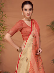 ساري نسائي مطبوع باللون الكريمي مصنوع من مزيج الكتان مع قطعة بلوزة