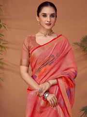 ساري نسائي من مزيج الكتان، مطبوع عليه لون الخوخ، بتصميم أنيق، مع قطعة بلوزة.