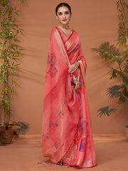 ساري نسائي من مزيج الكتان، مطبوع عليه لون الخوخ، بتصميم أنيق، مع قطعة بلوزة.