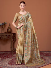 ساري نسائي مطبوع باللون البيج من القطن والحرير مع قطعة بلوزة