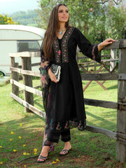 Black Embroidered A-Line Kurta Trousers With Dupatta Set
