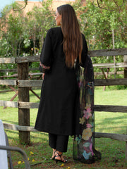 Black Embroidered A-Line Kurta Trousers With Dupatta Set