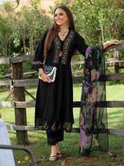 Black Embroidered A-Line Kurta Trousers With Dupatta Set