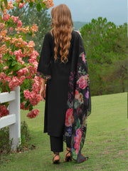 Black Embroidered A-Line Kurta Trousers With Dupatta Set