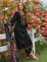 Black Embroidered A-Line Kurta Trousers With Dupatta Set