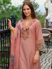 Peach Embroidered A-Line Kurta Trousers With Dupatta Set