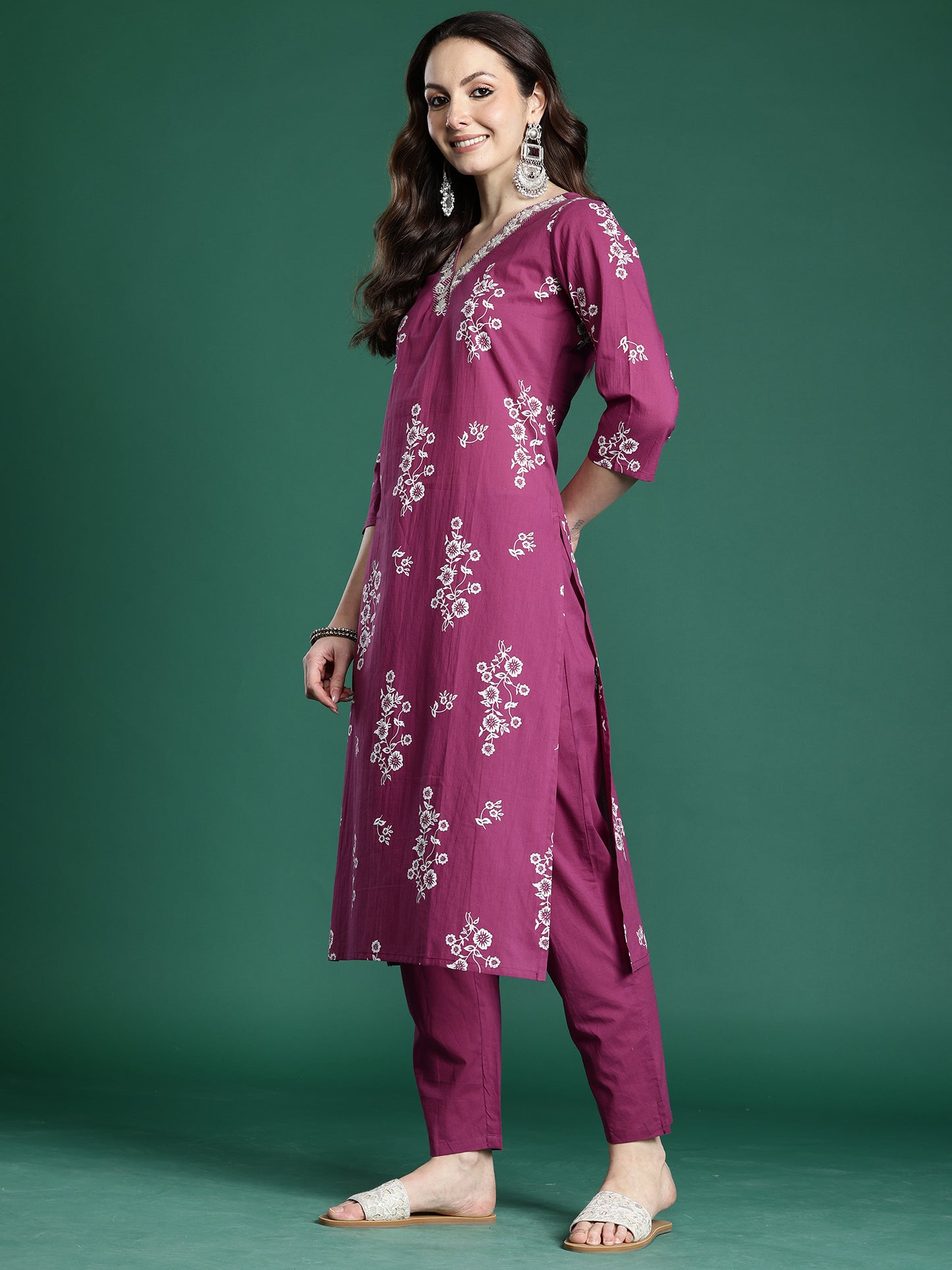 Mauve Printed Straight Kurta Trousers With Dupatta set