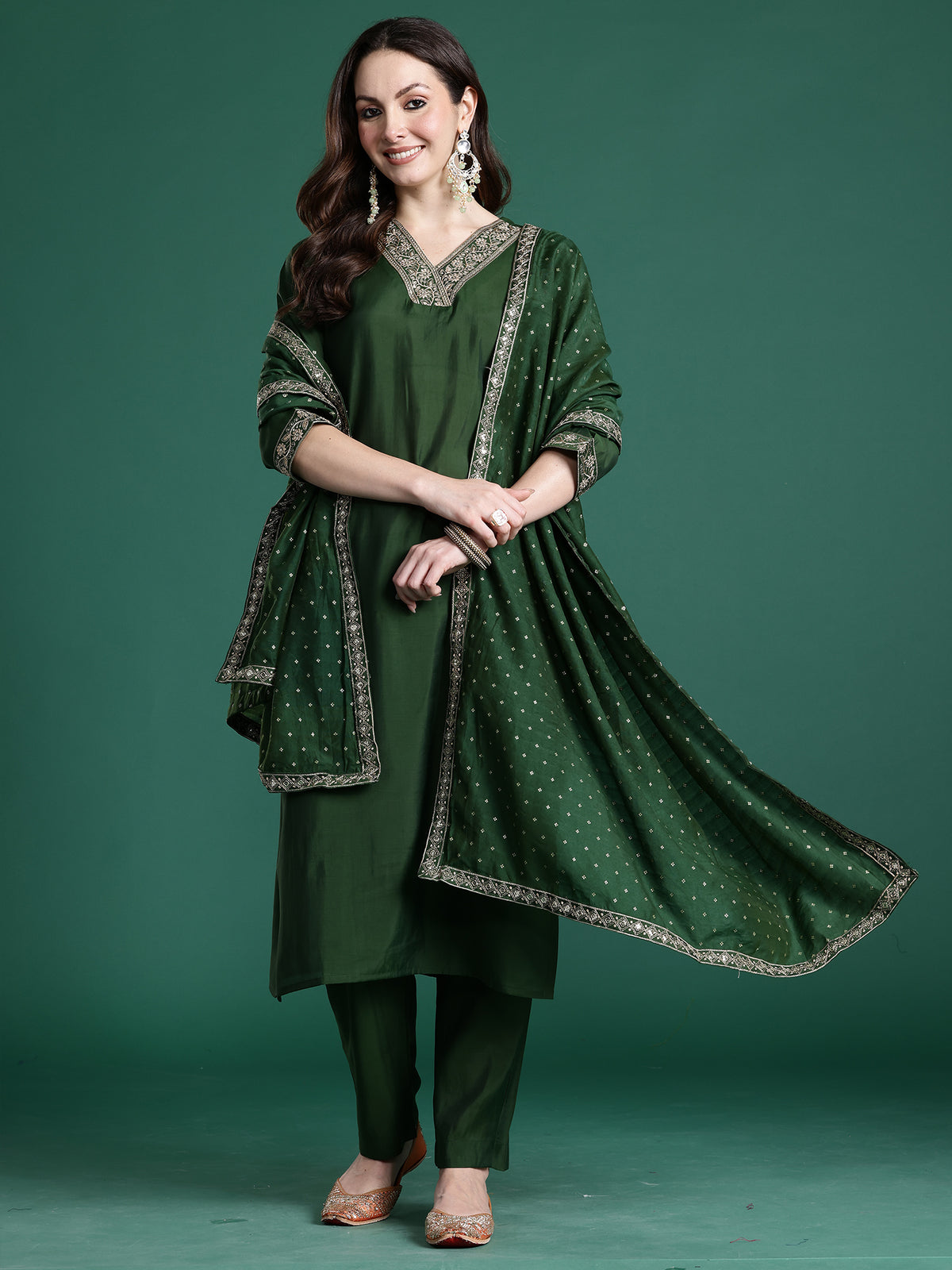 Green Embroidered Straight Kurta Trousers With Dupatta set-KH9GN10849