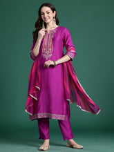 Purple Solid Straight Kurta Trousers With Dupatta set