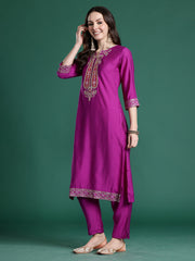 Purple Solid Straight Kurta Trousers With Dupatta set