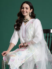 White Solid Straight Kurta Trousers With Dupatta set