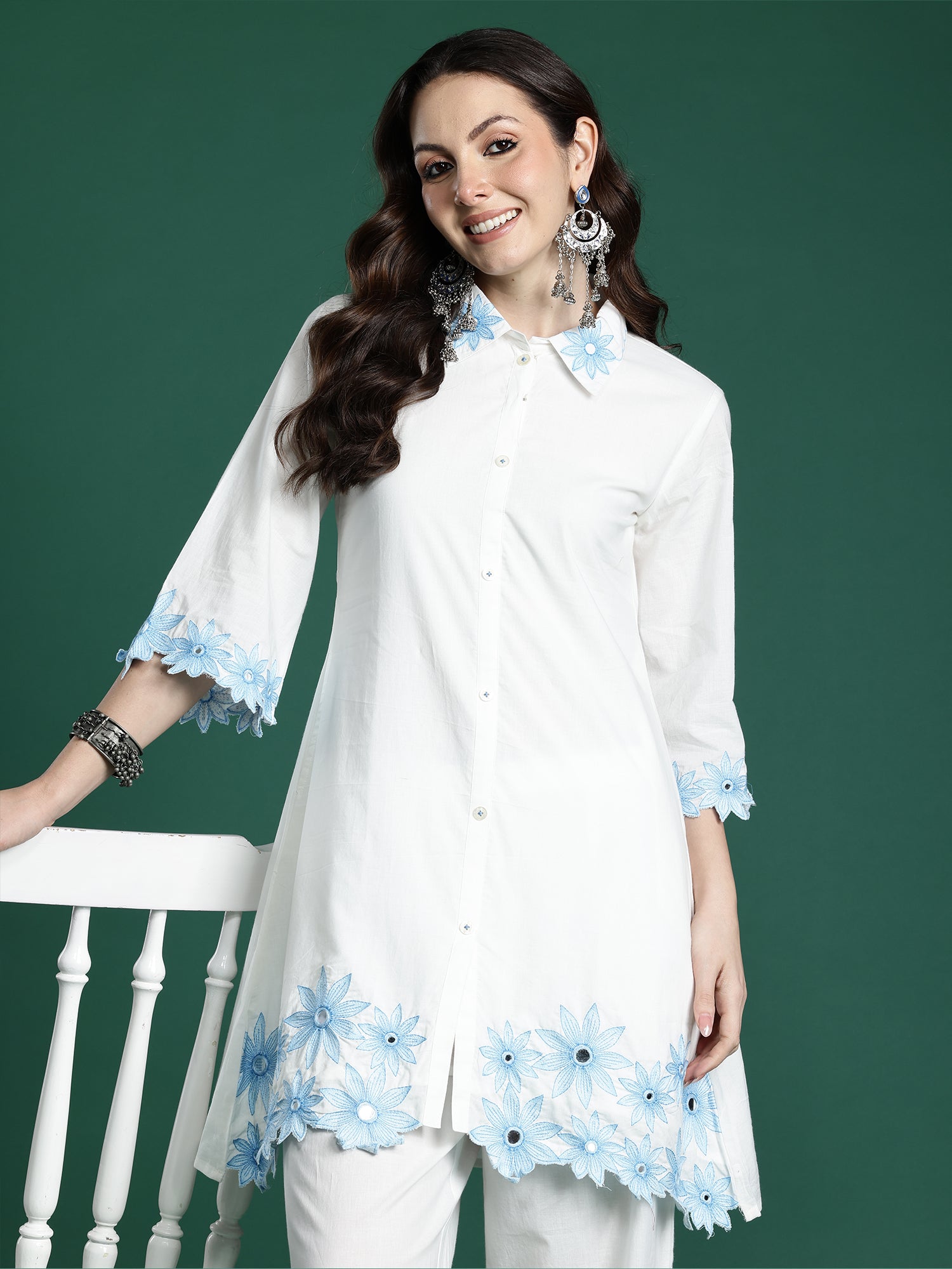 White Embroidered A-Line Kurta Palazzos Set