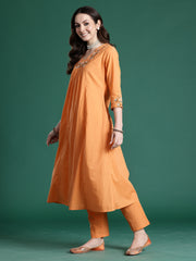 Orange Embroidered A-Line Kurta Trousers Set